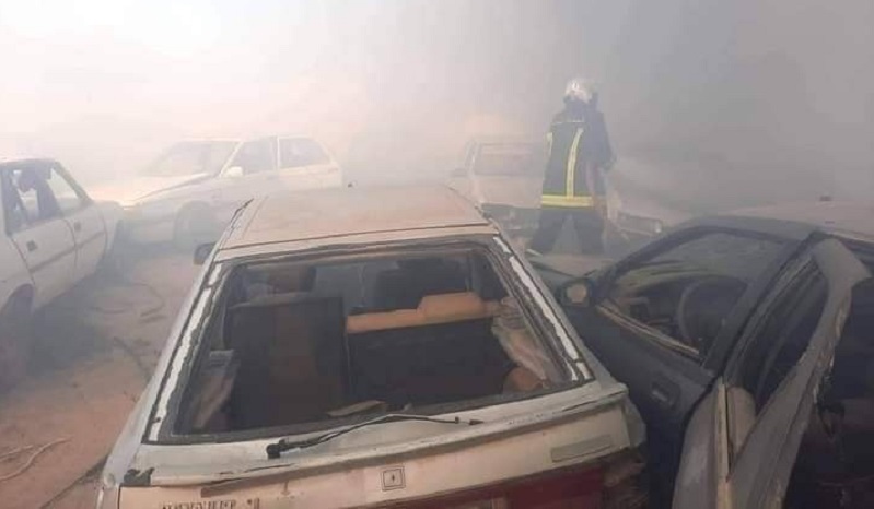 شاهد الفيديو/ حريق بمستودع للسيارات في المطوية