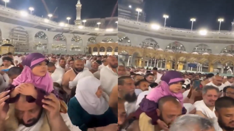 السعودية.. حشد من الحجاح يردد الدعاء خلف طفلة على كتفي والدها في الحرم المكي