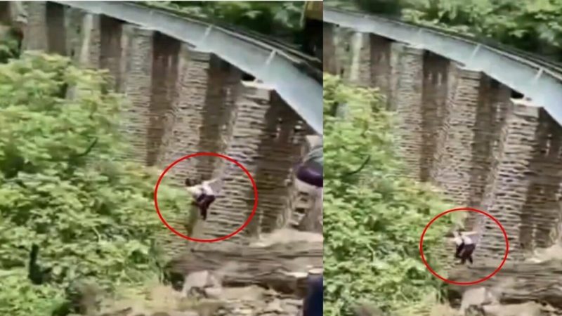 لحظات تحبس الأنفاس.. زوجان يقفزان إلى واد عميق